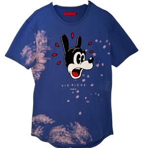 Vie Richie Paris Mens M Cartoon Dog Short Sleeve Sweater Top Bleached Streetwear